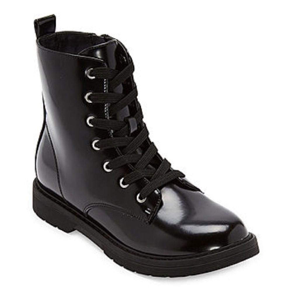 Thereabouts Girls Reese Combat Boots faux Leather glossy Lace Up zipper side 3